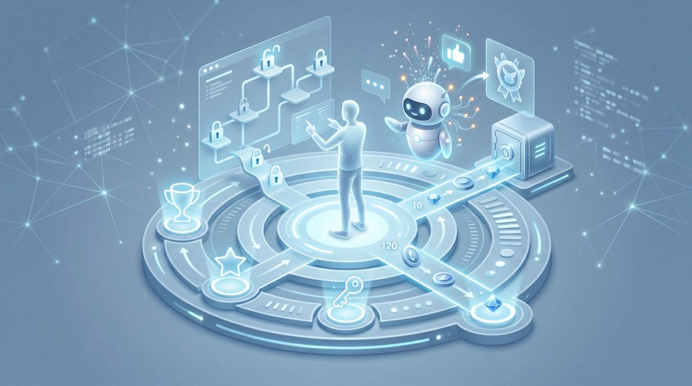 A progress platform showing a user unlocking tasks and rewards with chatbot assistance.