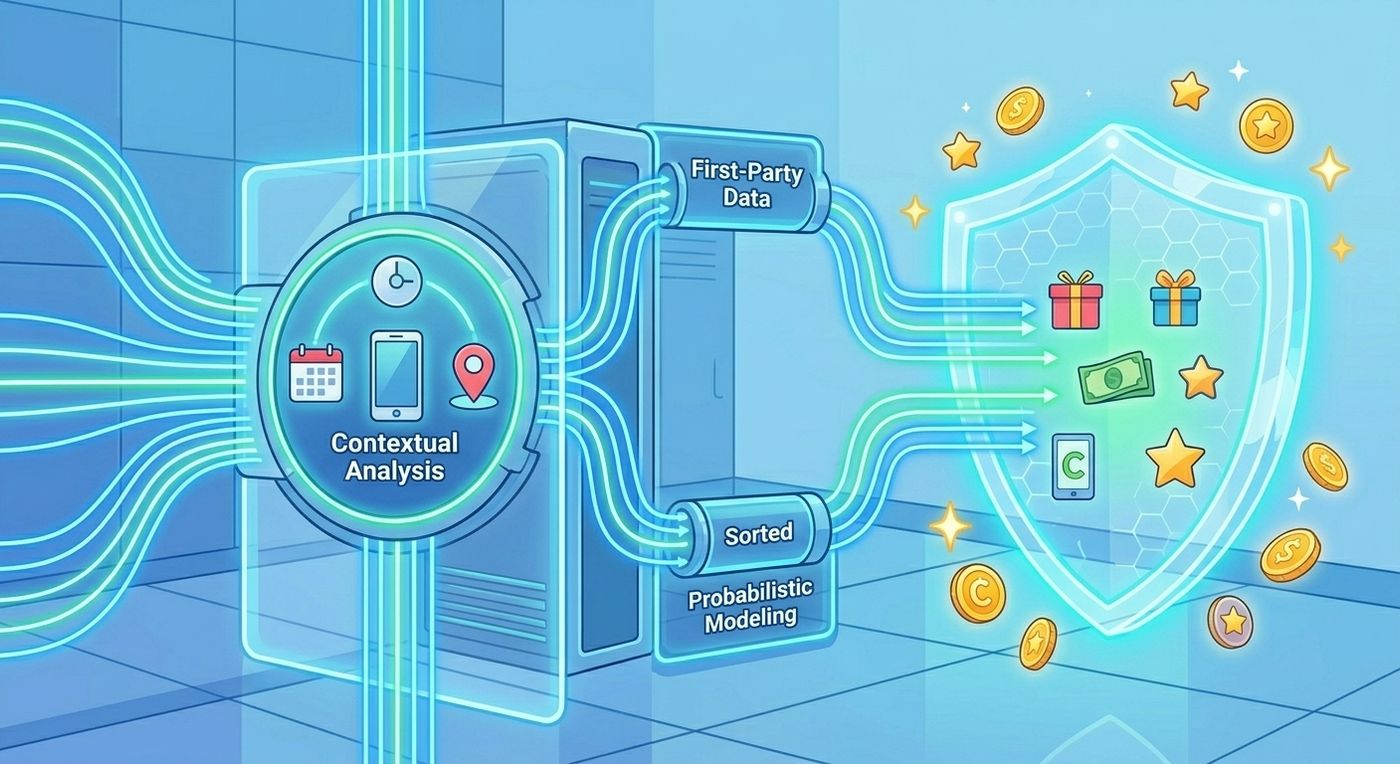 A vibrant infographic of a balanced digital scale weighing aggregated SKAN and contextual data against user reward tokens, grounded on a solid 'PRIVACY COMPLIANCE' foundation.