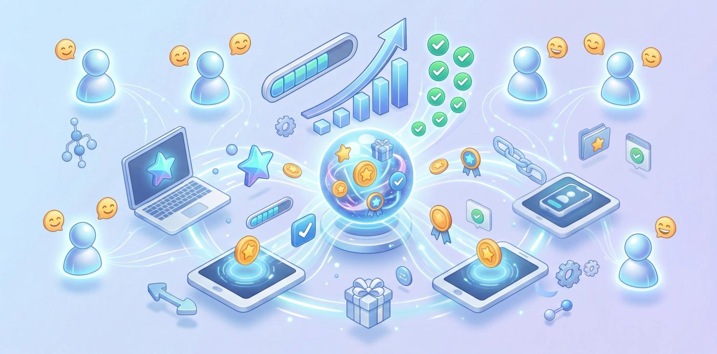 Isometric illustration of networked devices with growth charts and happy user icons, symbolizing integrated reward success.