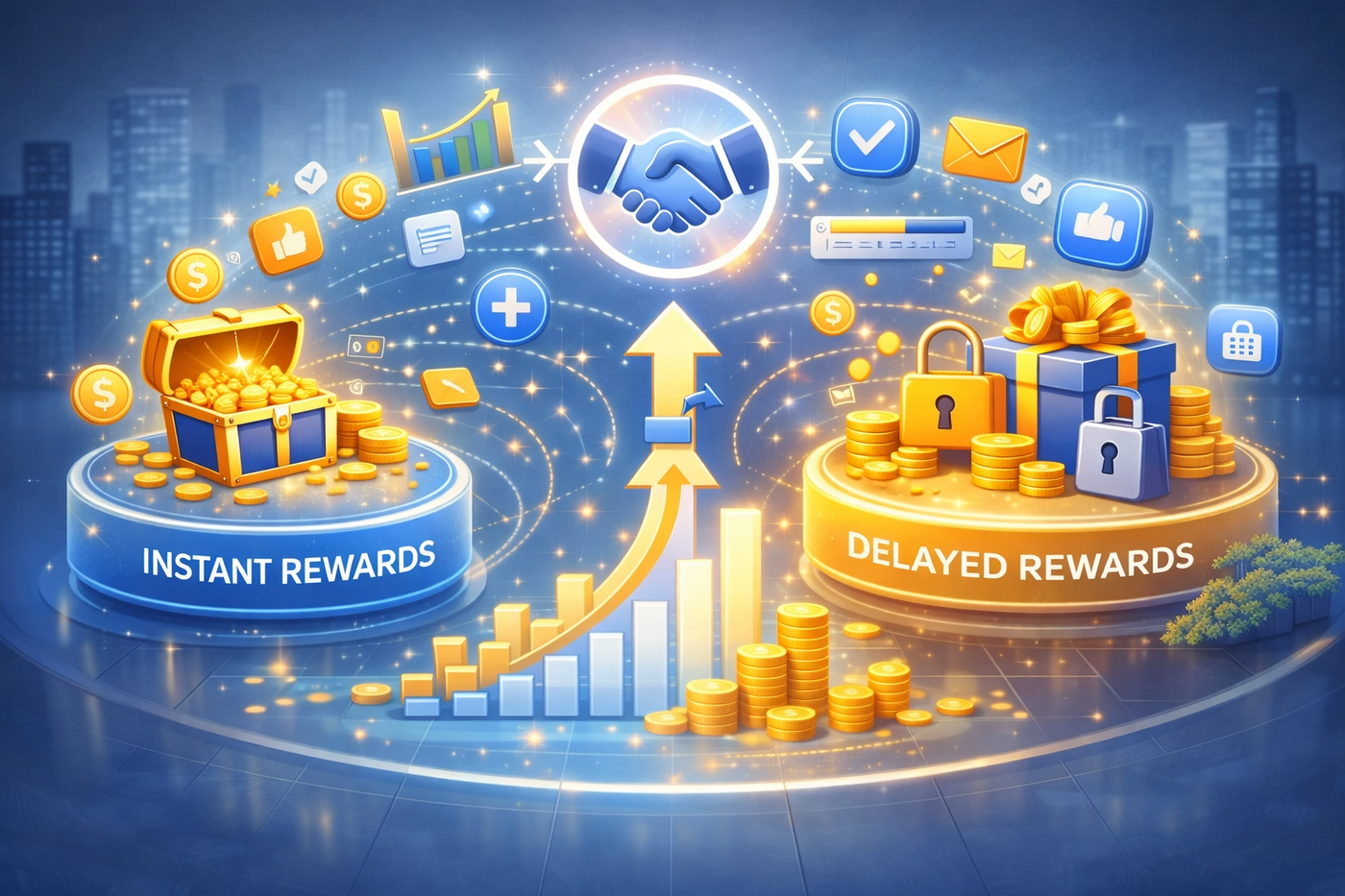 Faceless users interacting with two smartphones showing instant and delayed rewards, connected with progress bars, coins, gift boxes, and glowing icons on a polished blue gradient background.
