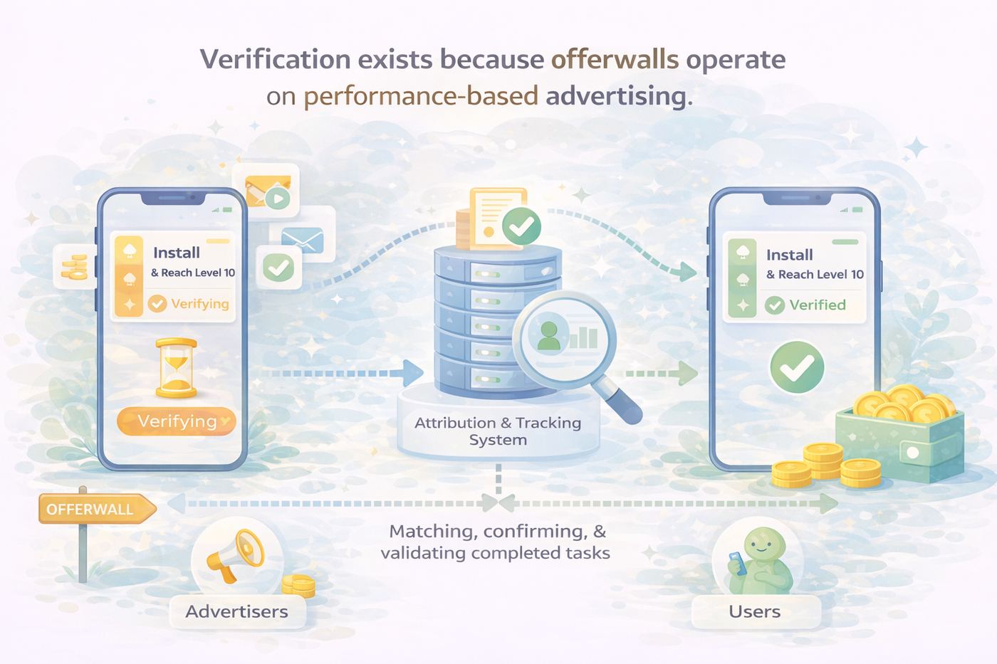 Offerwall verification illustration showing advertiser confirmation before rewards are credited.