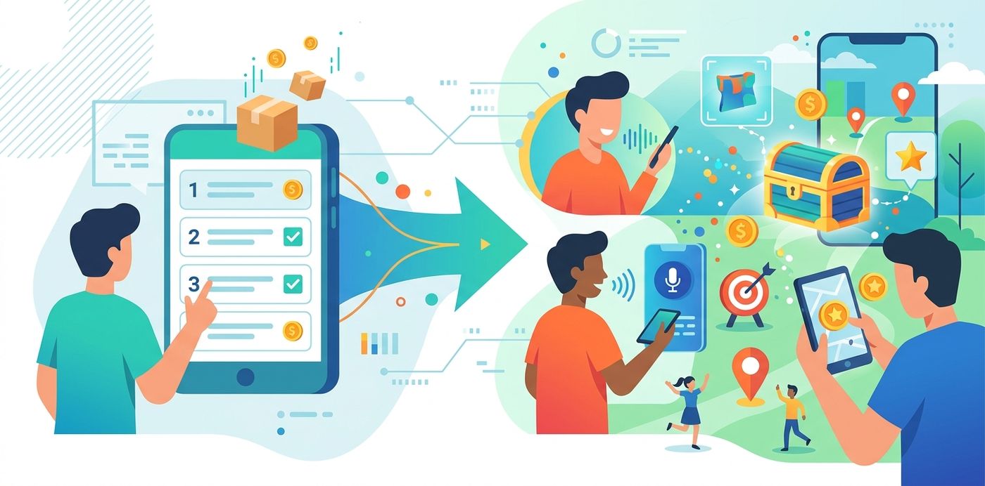 Man holding smartphone with holographic floating icons of gifts, treasure chests, coins, and voice assistant.