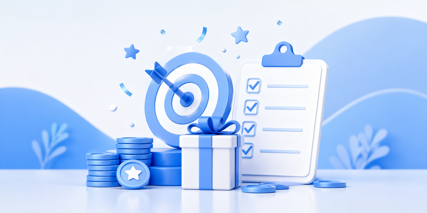 3D icons featuring a large target with a dart in the center, next to a detailed checklist clipboard, a stacked pile of star-branded coins, and a gift box, all in blue and white.