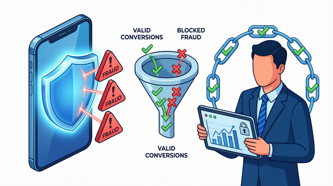 Mobile shield blocking fraud, funnel filtering valid conversions from blocked fraud, advertiser reviewing verified analytics with trust indicators