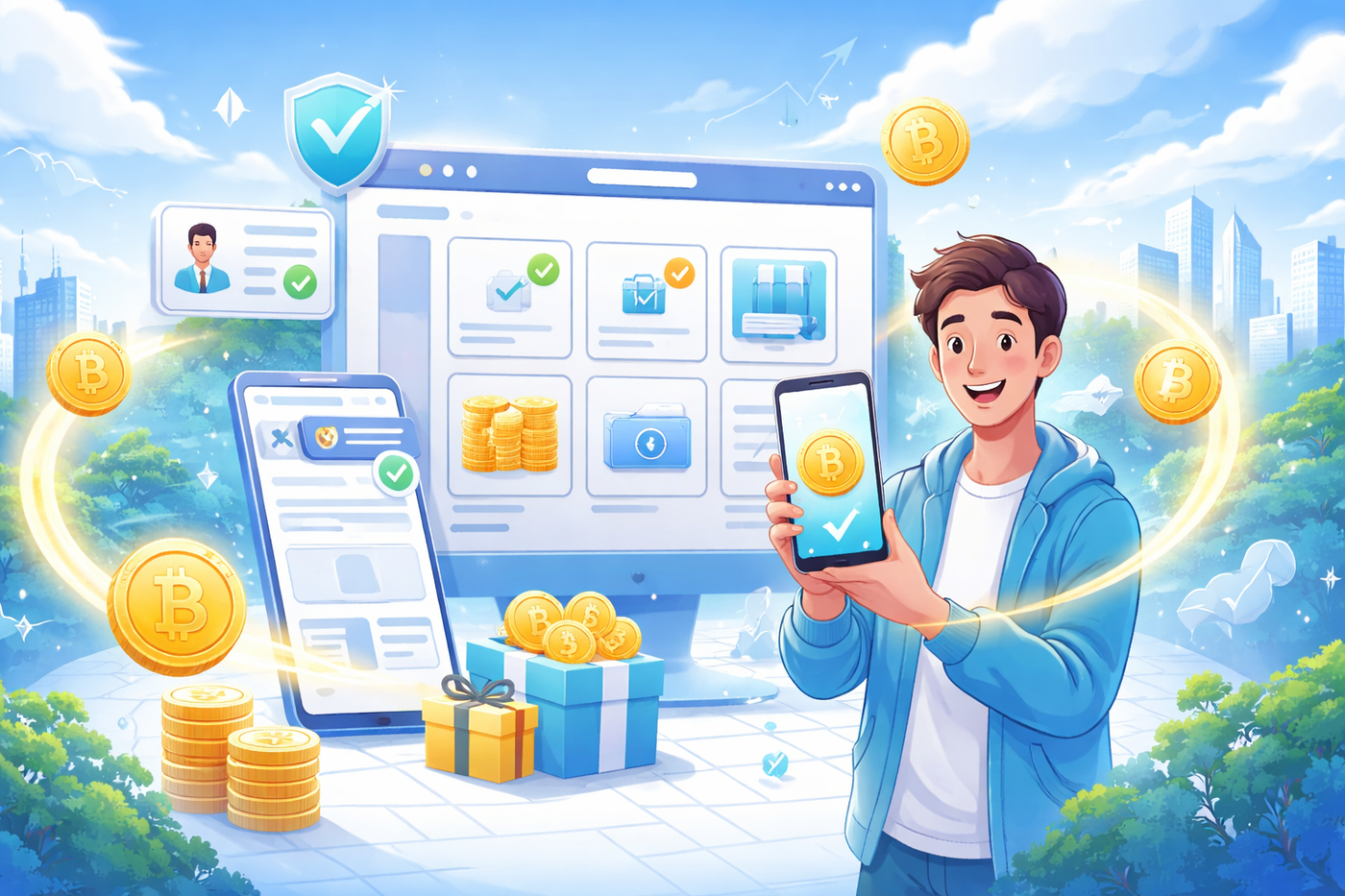 Young man happily holding a smartphone with Bitcoin coins, surrounded by floating rewards and deep-funnel action icons, set against a futuristic cityscape.
