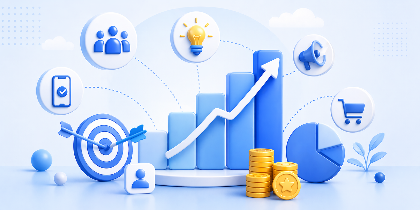 Growth chart with marketing icons and coins