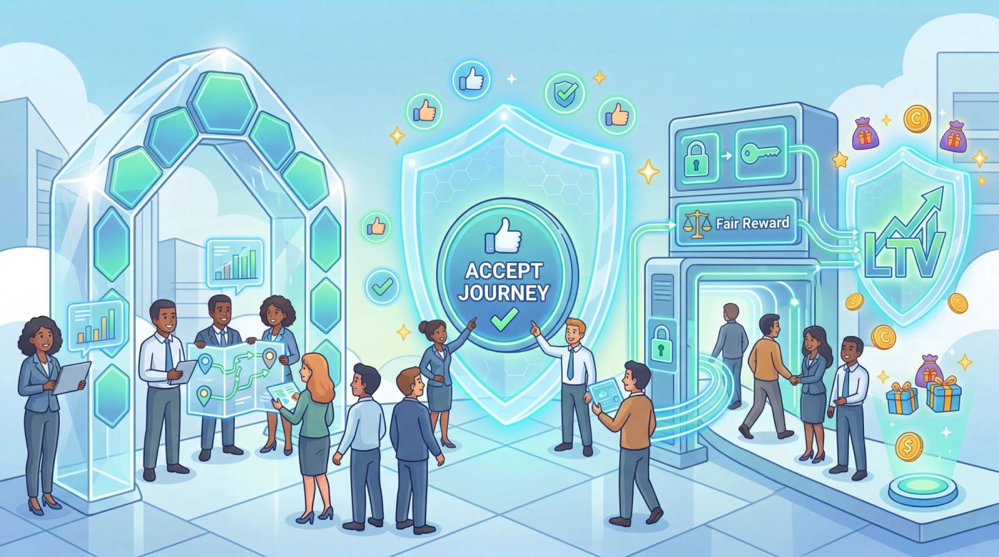 A professional illustration depicting a user journey validated by sequential gateways for transparency (map), consent (thumbs-up button), and ethics (reward balance scale), leading to trusted LTV.