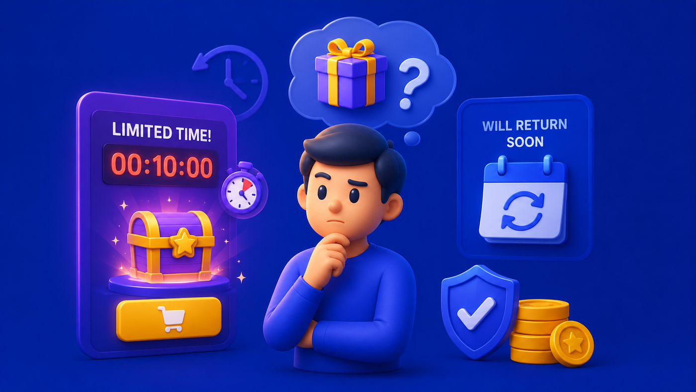 3D illustration showing users questioning limited-time rewards and recurring promotional offers.
