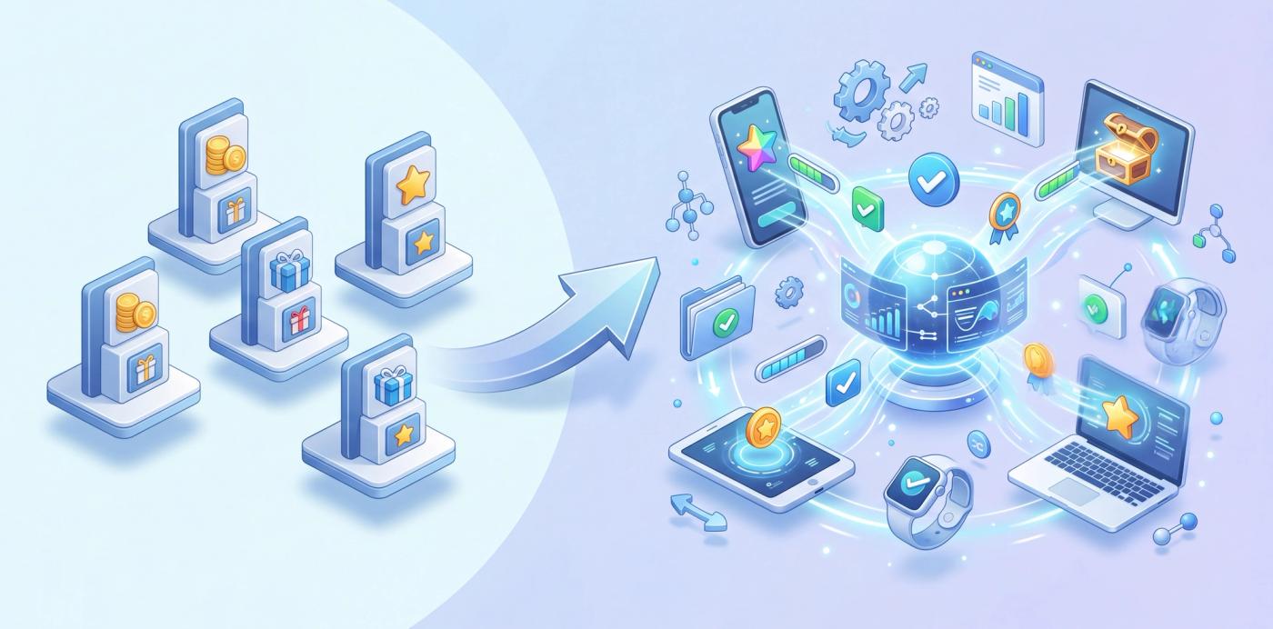  Isometric illustration showing a transition from isolated app screens to an integrated cross-device network.