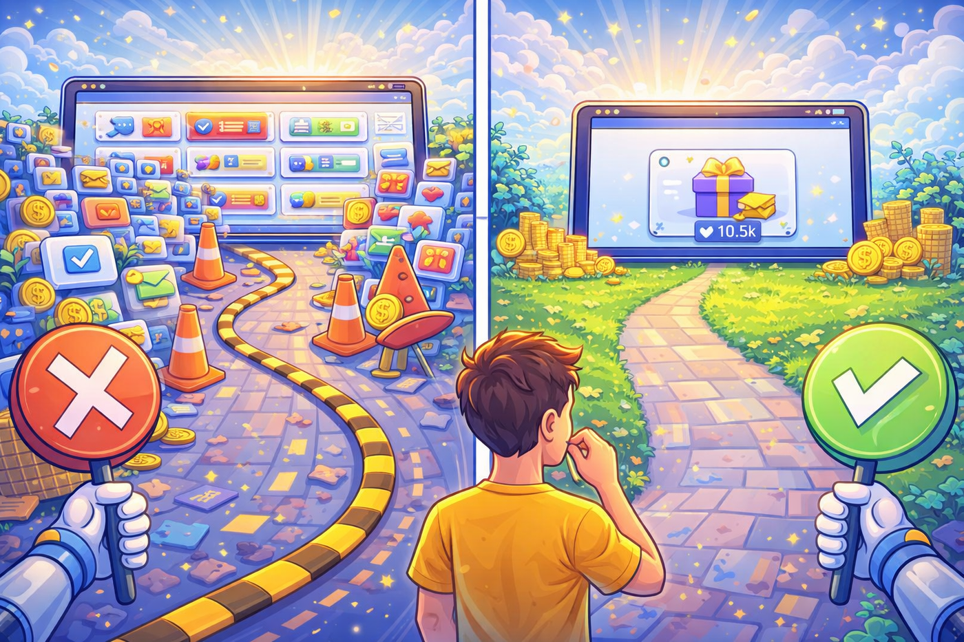 Split path between confusing options and a clear rewarding offer