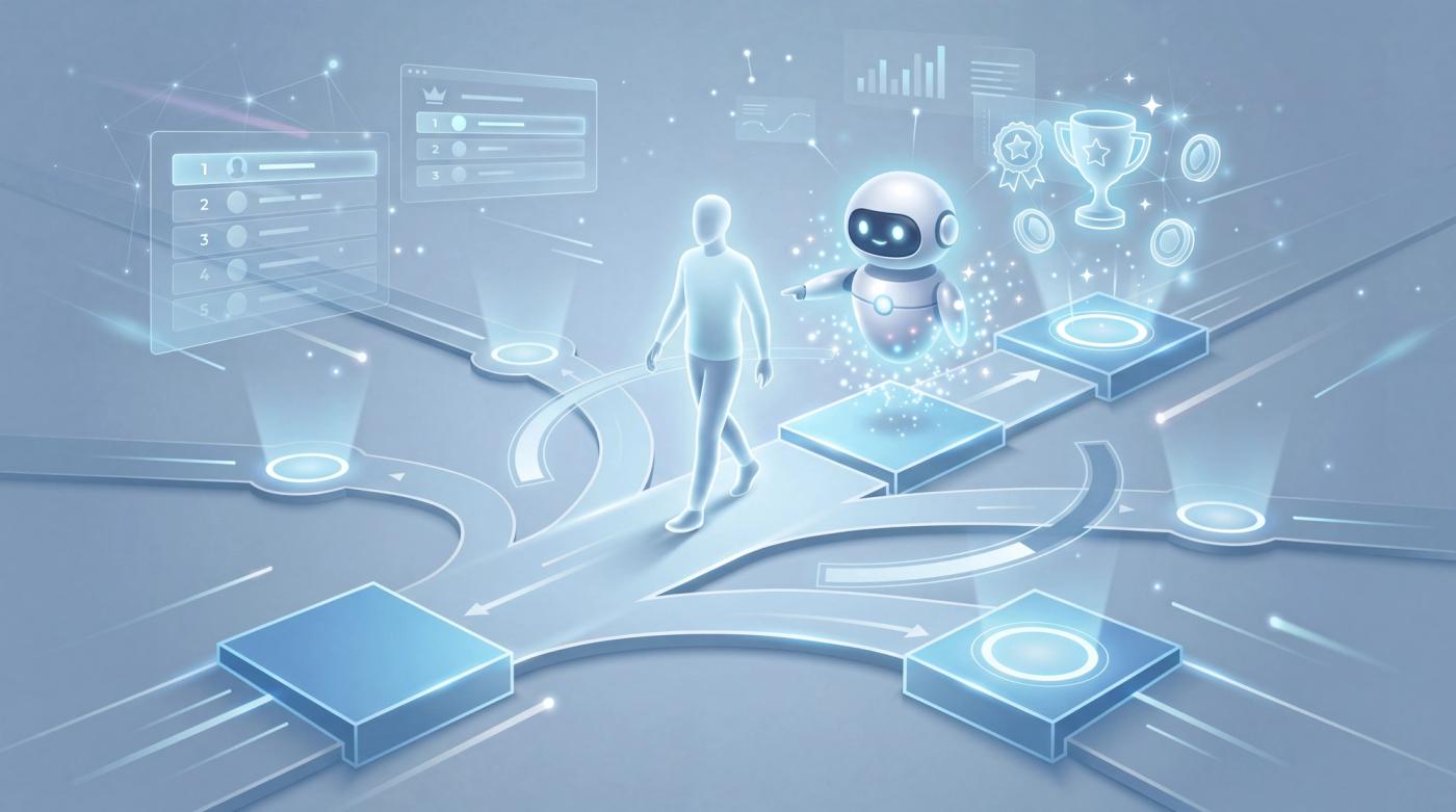 A person guided by a chatbot towards a trophy in a gamified tech landscape.