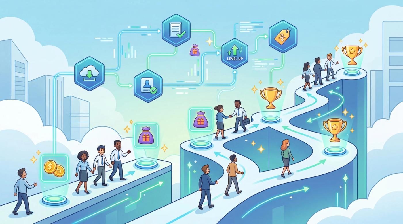 A colorful illustration showing diverse professionals progressing along a winding, ascending pathway marked with increasing checkpoints (Levels 5 to 50) and growing reward icons.