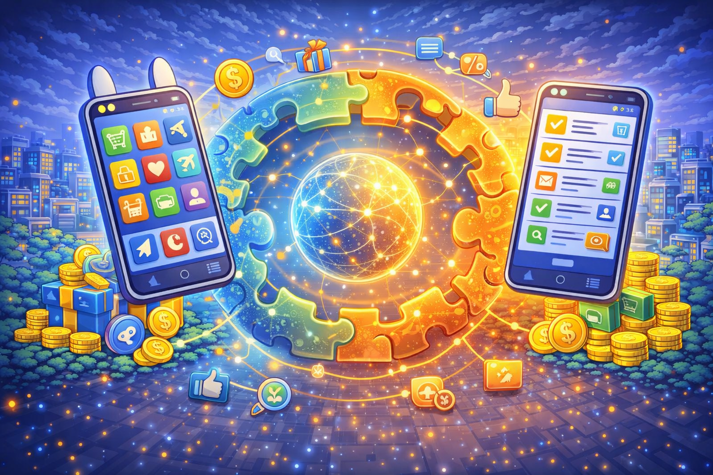 Circular ecosystem of apps and offers connected around a central digital network