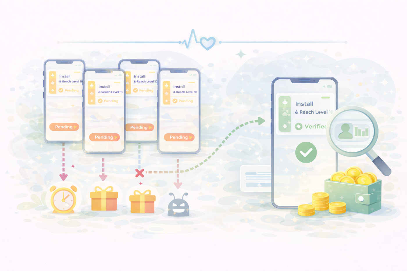 Offerwall verification illustration showing multiple pending tasks due to inconsistent behavior and one task successfully verified.