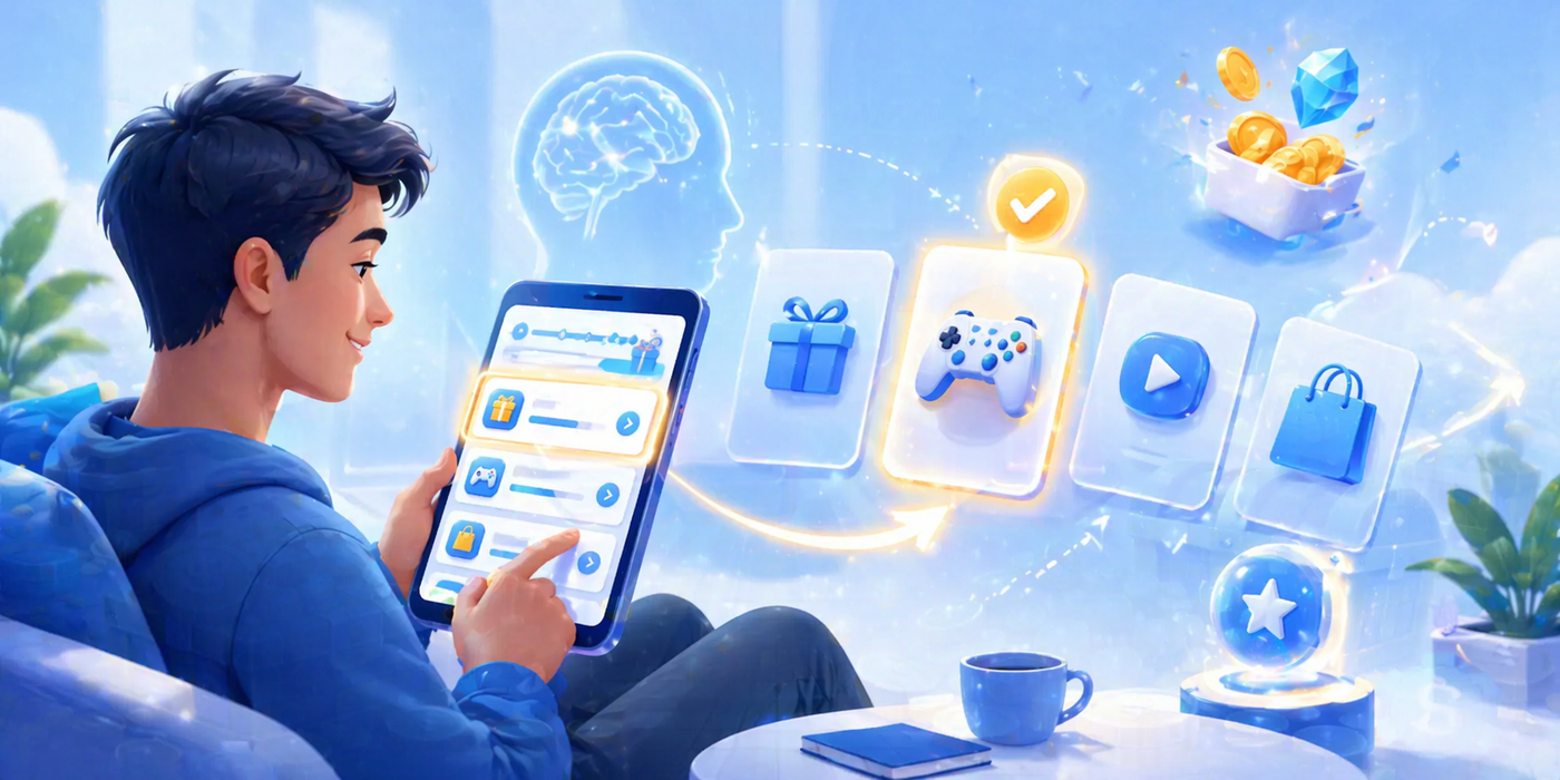 Person using tablet with personalized reward options