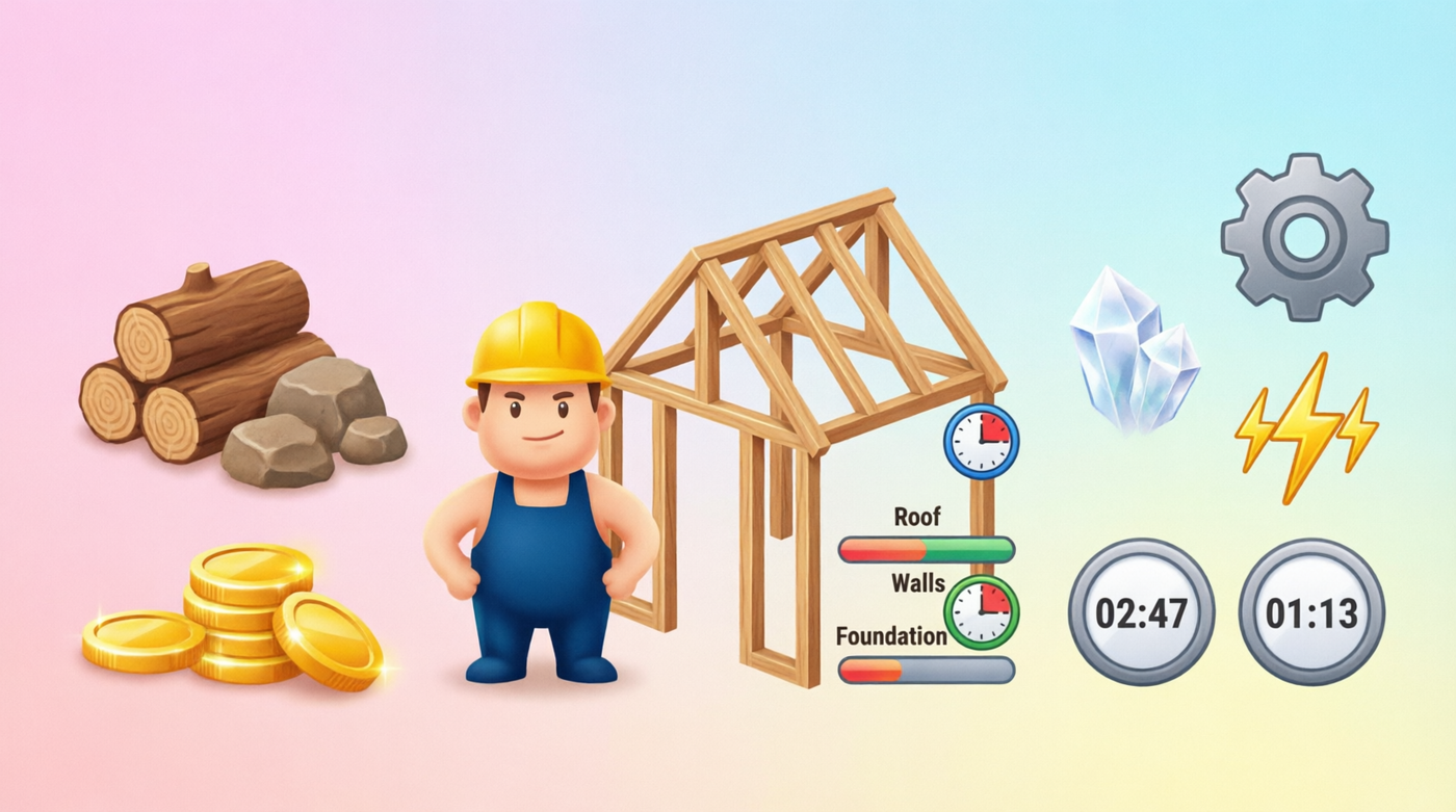 Strategy game builder with hard hat next to construction frame, resources, progress bars, timers, crystals, and speed-up icons