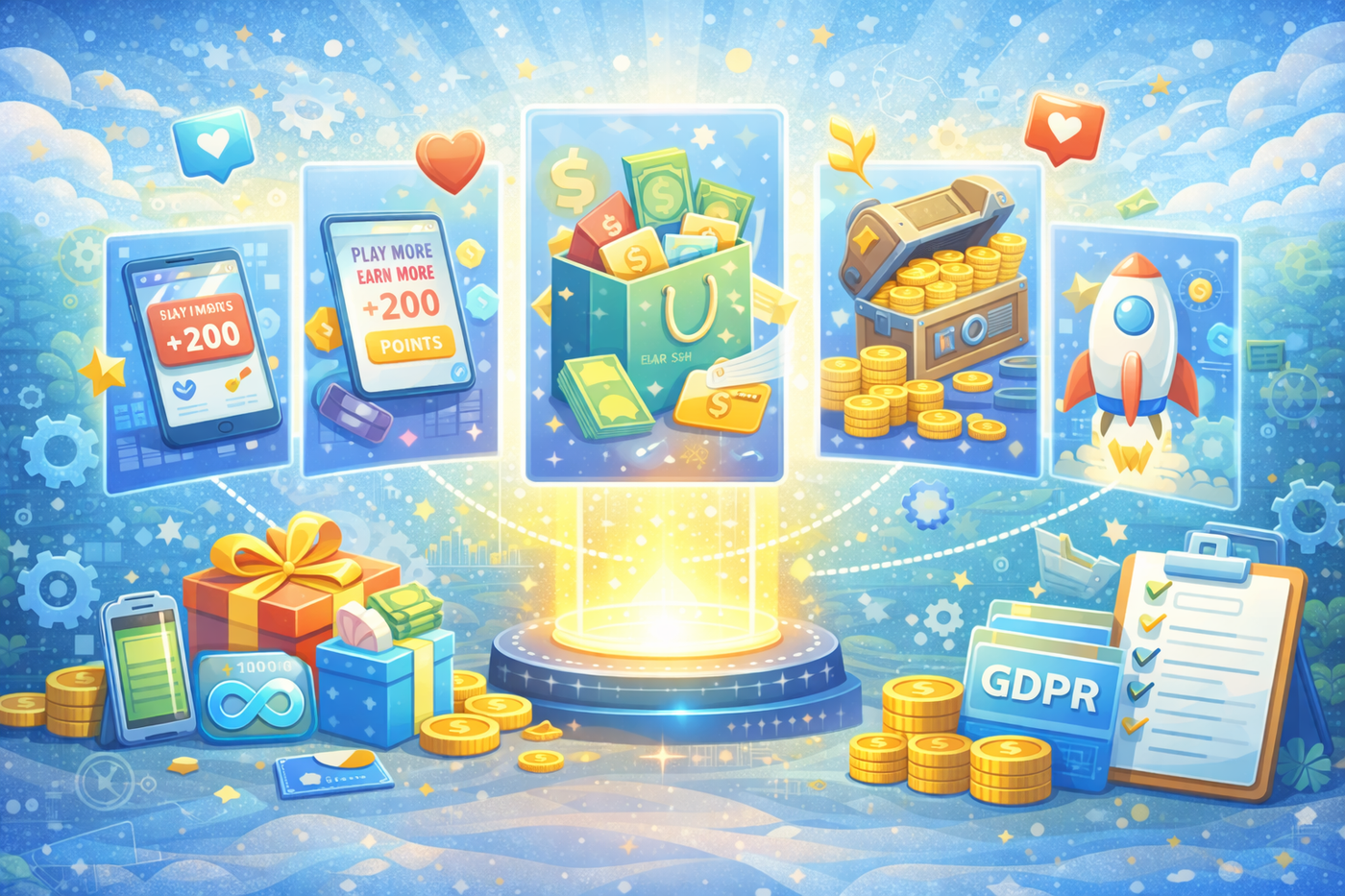 Bright, cheerful scene of a fully optimized offerwall emphasizing seamless engagement and satisfaction.