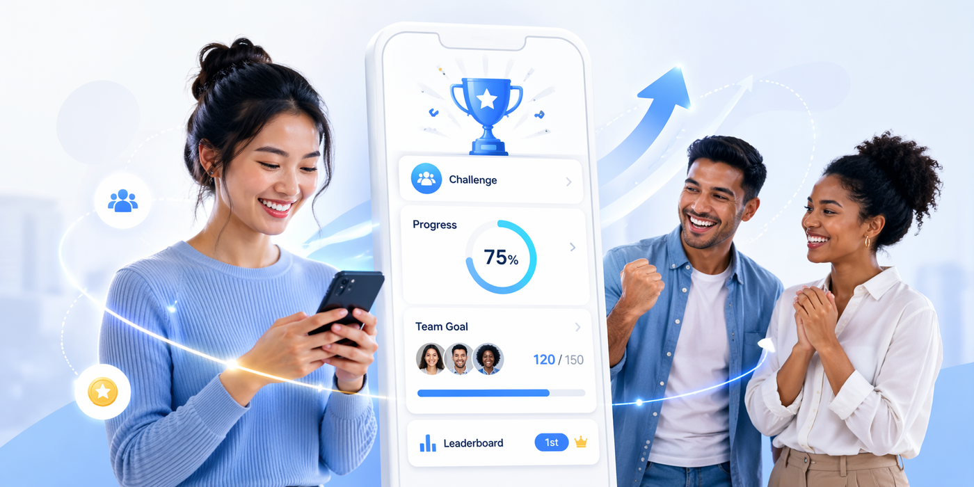 A smiling woman looks at her phone in the foreground, connected by a light trail to two other celebrating people and a central, large smartphone displaying app performance and a leaderboard.