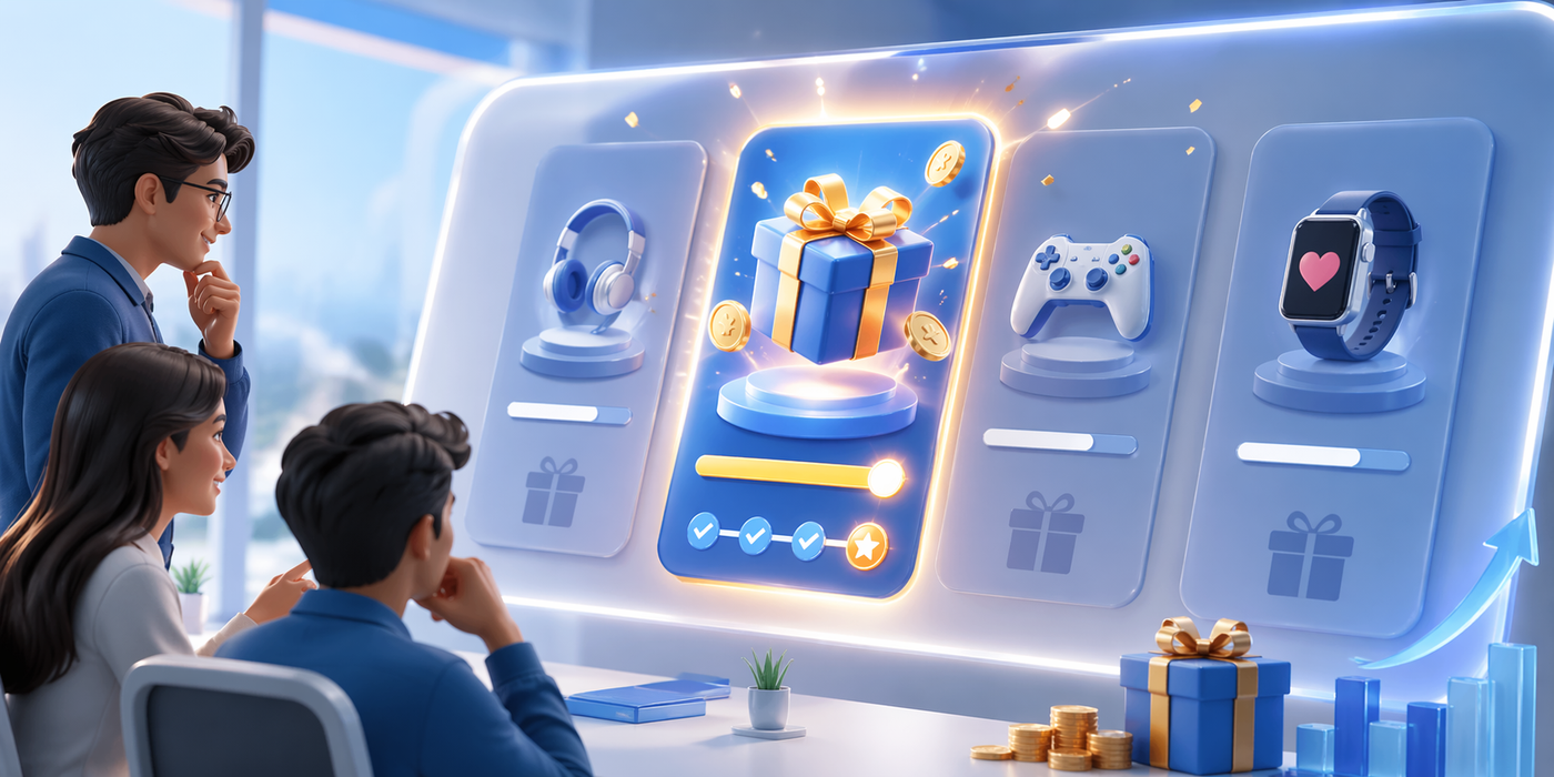 Team viewing gift reward dashboard on large screen