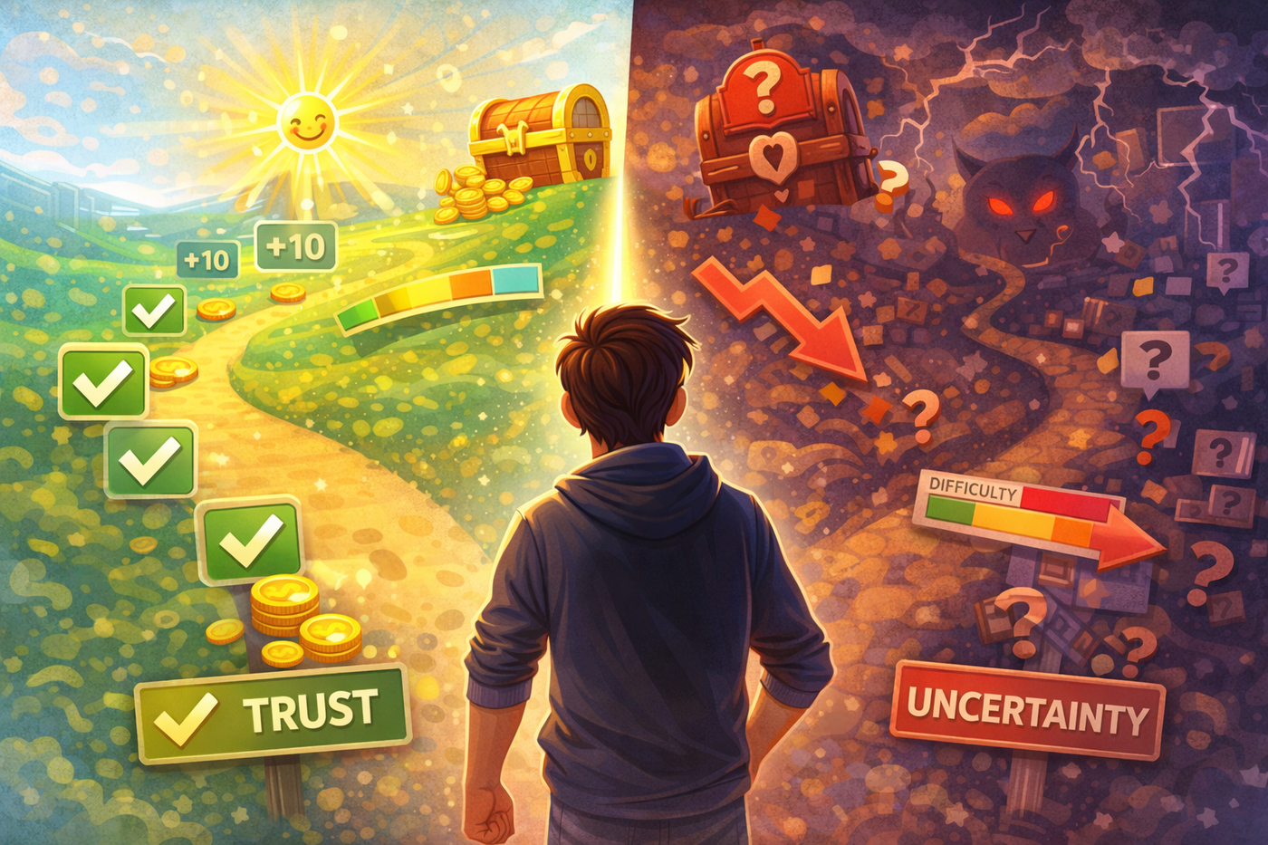 Illustration showing a player choosing a clear, predictable game path with visible rewards and steady progress, contrasting with an uncertain path filled with confusion, symbolizing how predictability builds trust and comfort.