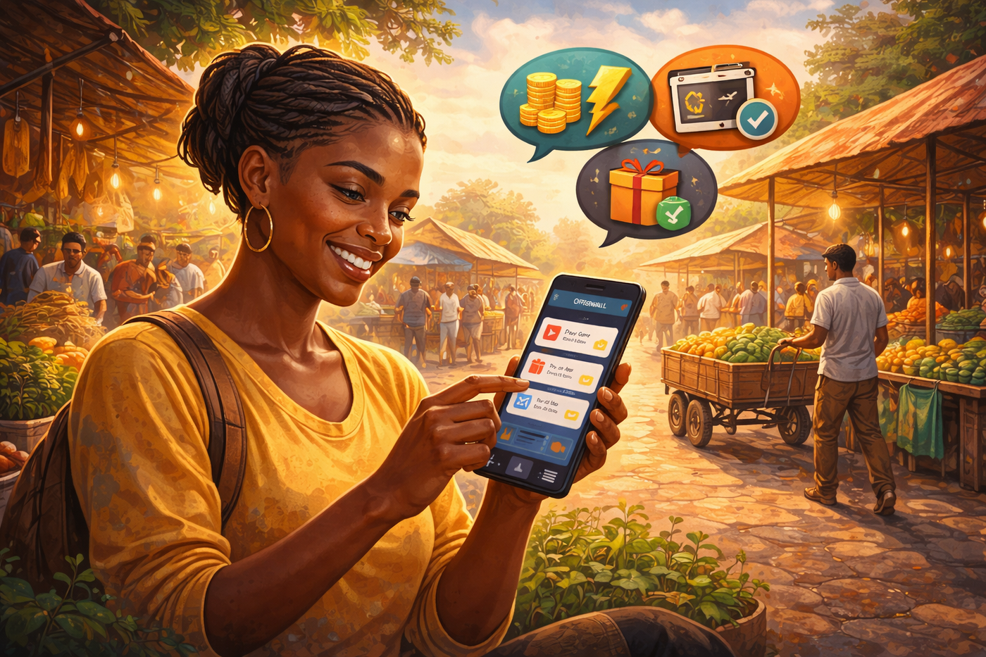 Smilling shopper in vibrant market