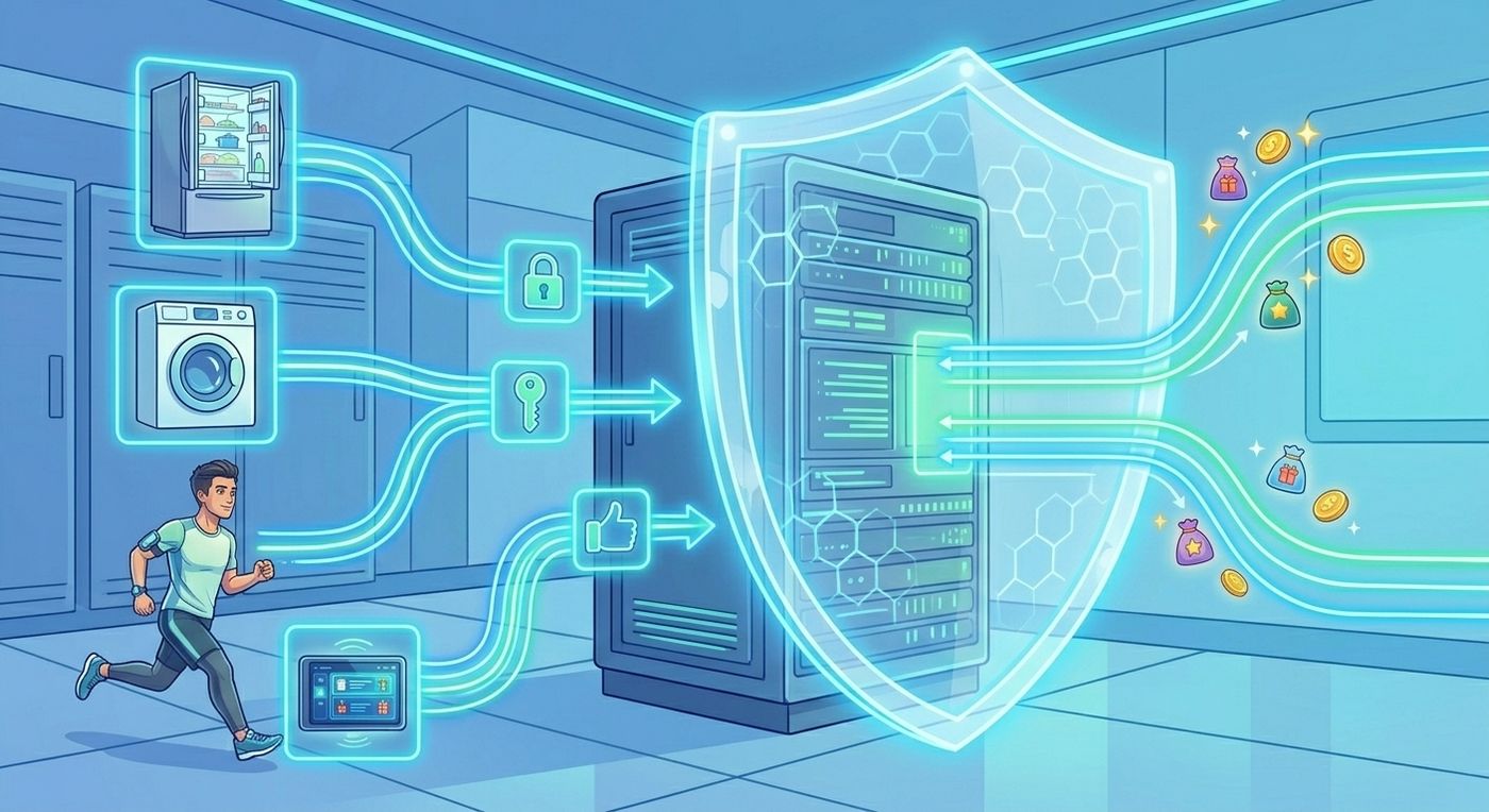 A futuristic digital illustration centered on a complex data server rack. It is completely enclosed by a large, protective translucent digital shield marked with padlock, key, and consent icons, with device data streams passing through these gateways.