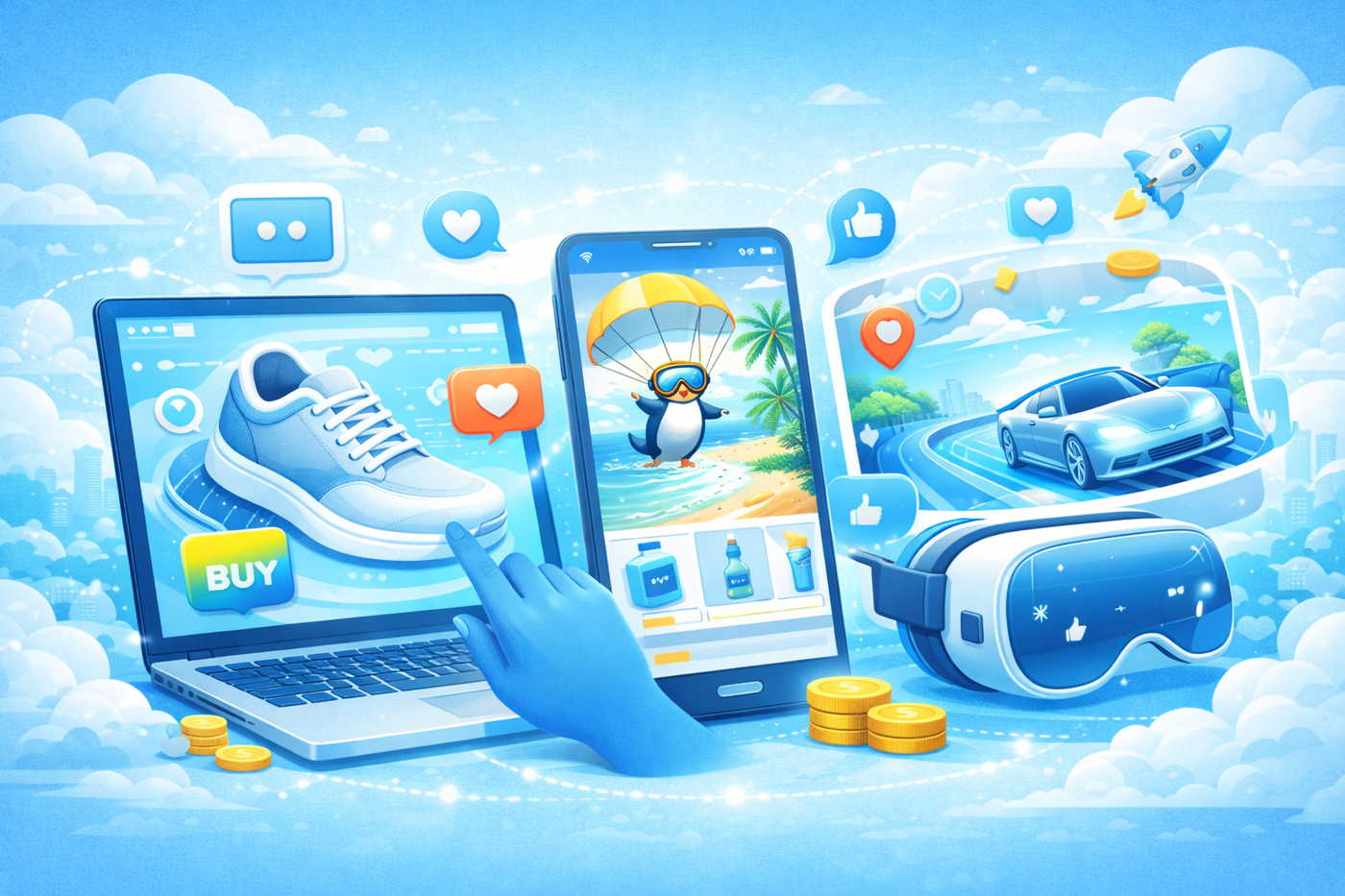 Interactive digital ads displayed across laptop, smartphone, and VR device.