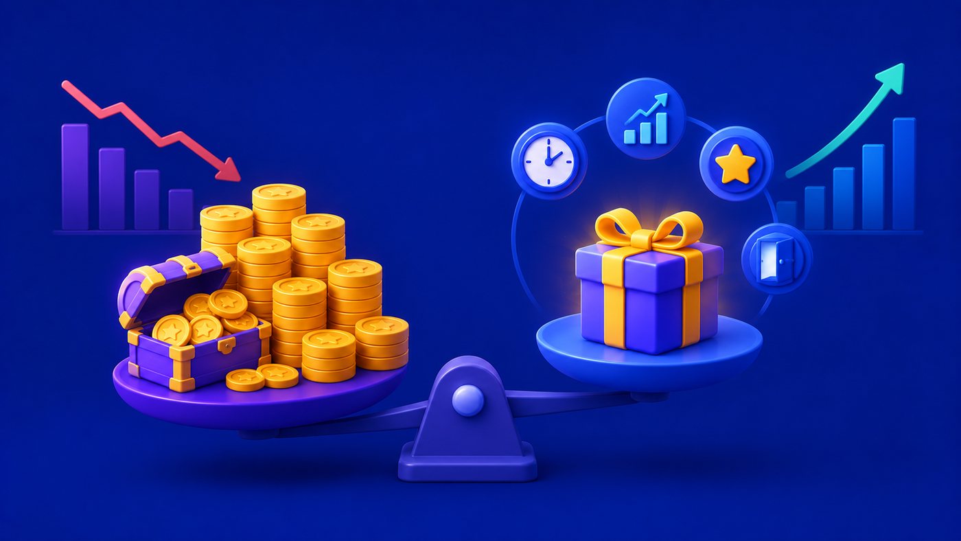 3D illustration comparing large reward quantity with meaningful, value-driven rewards that improve user engagement.