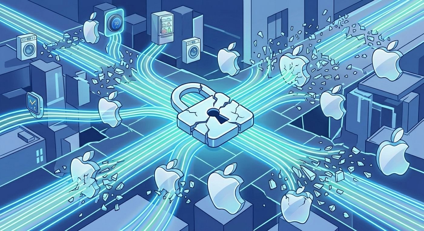 A fractured digital landscape with data streams being cut by Apple logos and a central broken padlock, representing the IDFA loss and attribution chaos.