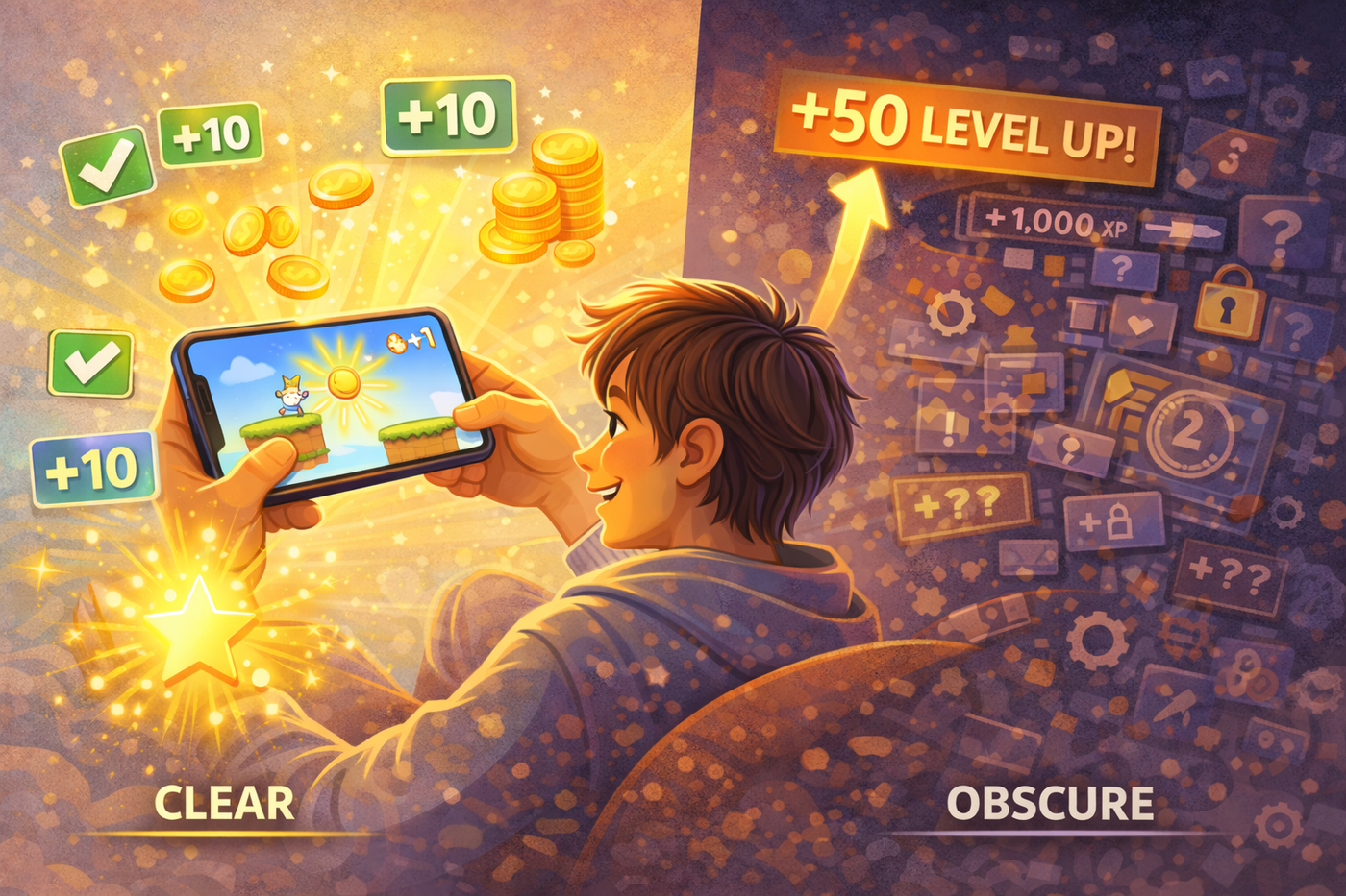 Illustration showing a player receiving immediate visual feedback from a simple game action, with clear rewards and progress cues that make advancement feel satisfying and motivating.