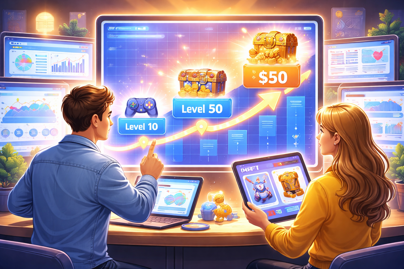 Man points to a digital chart showing game leveling leading to a $50 reward, watched by a woman holding a tablet.