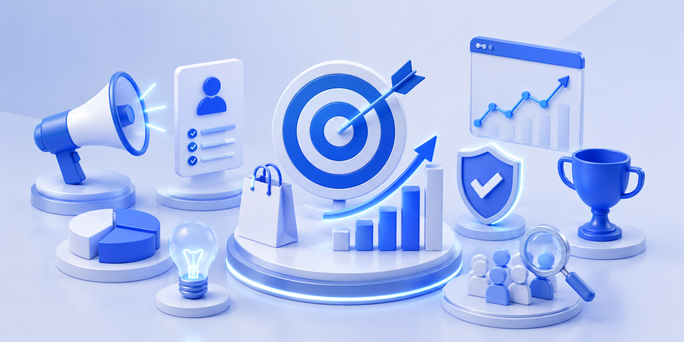 Digital marketing strategy with target, growth chart, and audience icons.