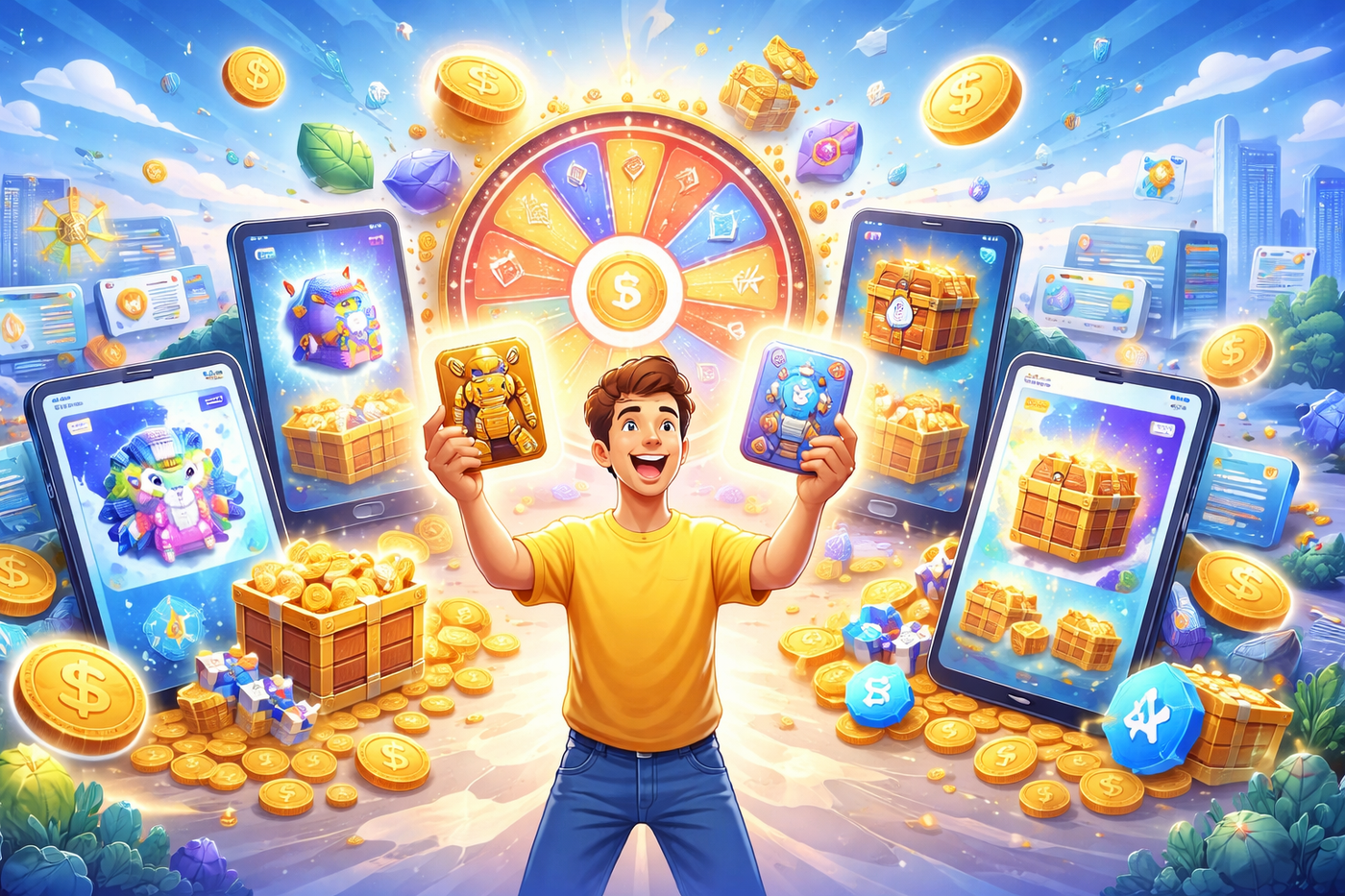 Cheerful man holds game character cards in front of a large prize wheel, surrounded by smartphones showing rewards and flying coins.