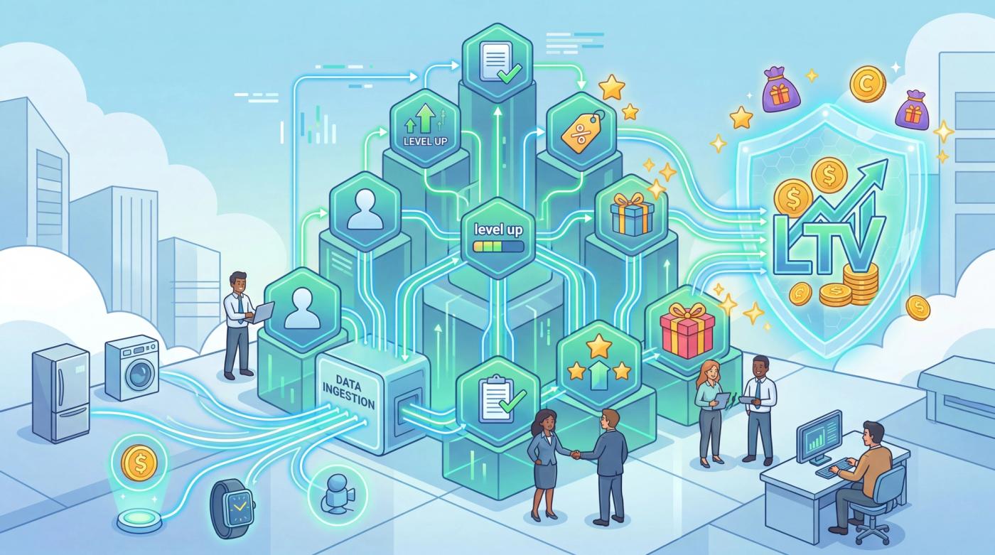 A complex, multi-tiered data analysis tree where raw data (from connected smart devices) is progressively structured, verified, and amplified into deep LTV rewards.