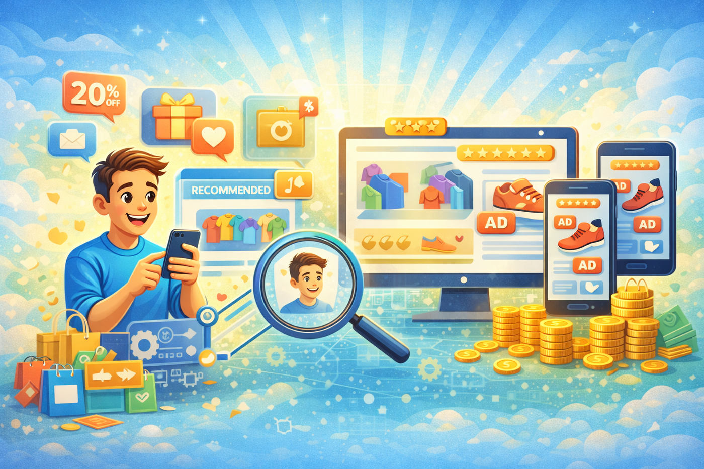 An illustration of a man happily shopping online, with screens showing targeted ads and recommended products.