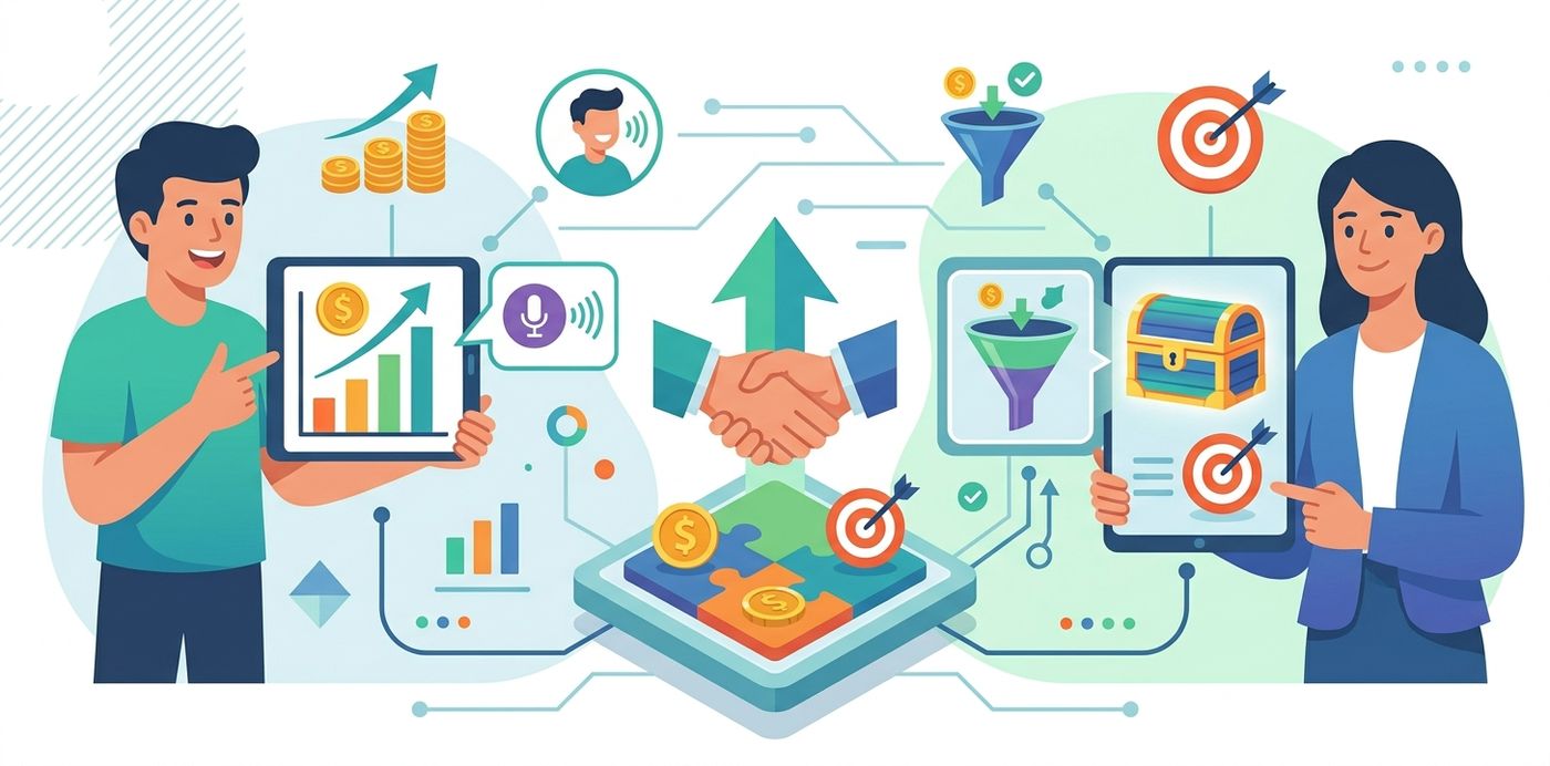Split illustration showing integration of voice technology, puzzle pieces, and digital solutions transforming into completed system.