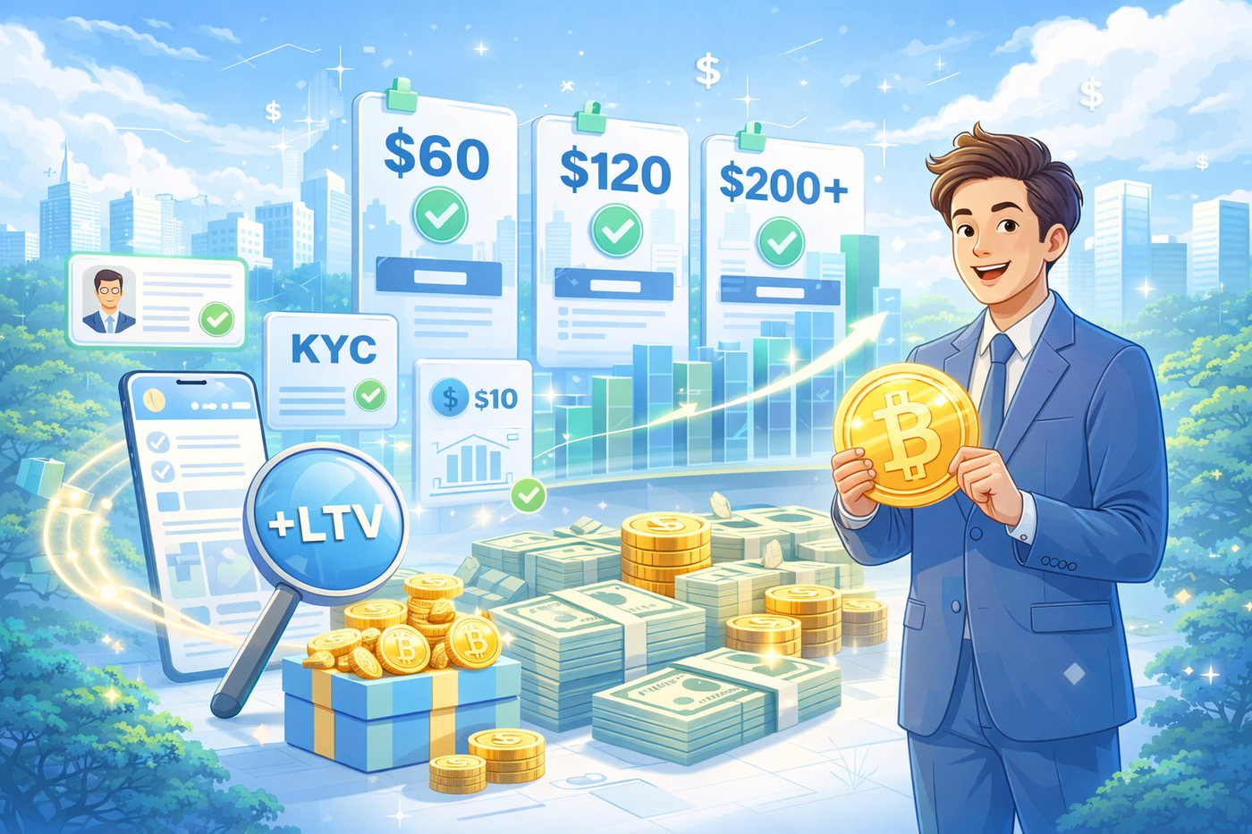  young man reviewing cryptocurrency tasks on an offerwall, with completed actions like KYC and trade, surrounded by Bitcoin coins, cash, and rising graphs.
