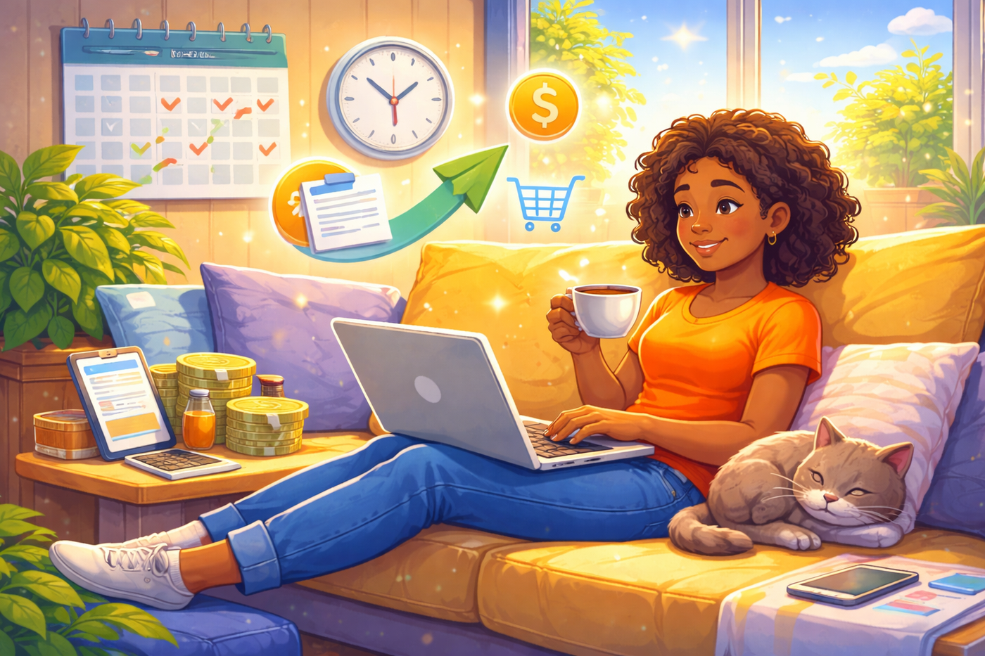 Person working online from home on a laptop with flexible schedule icons.