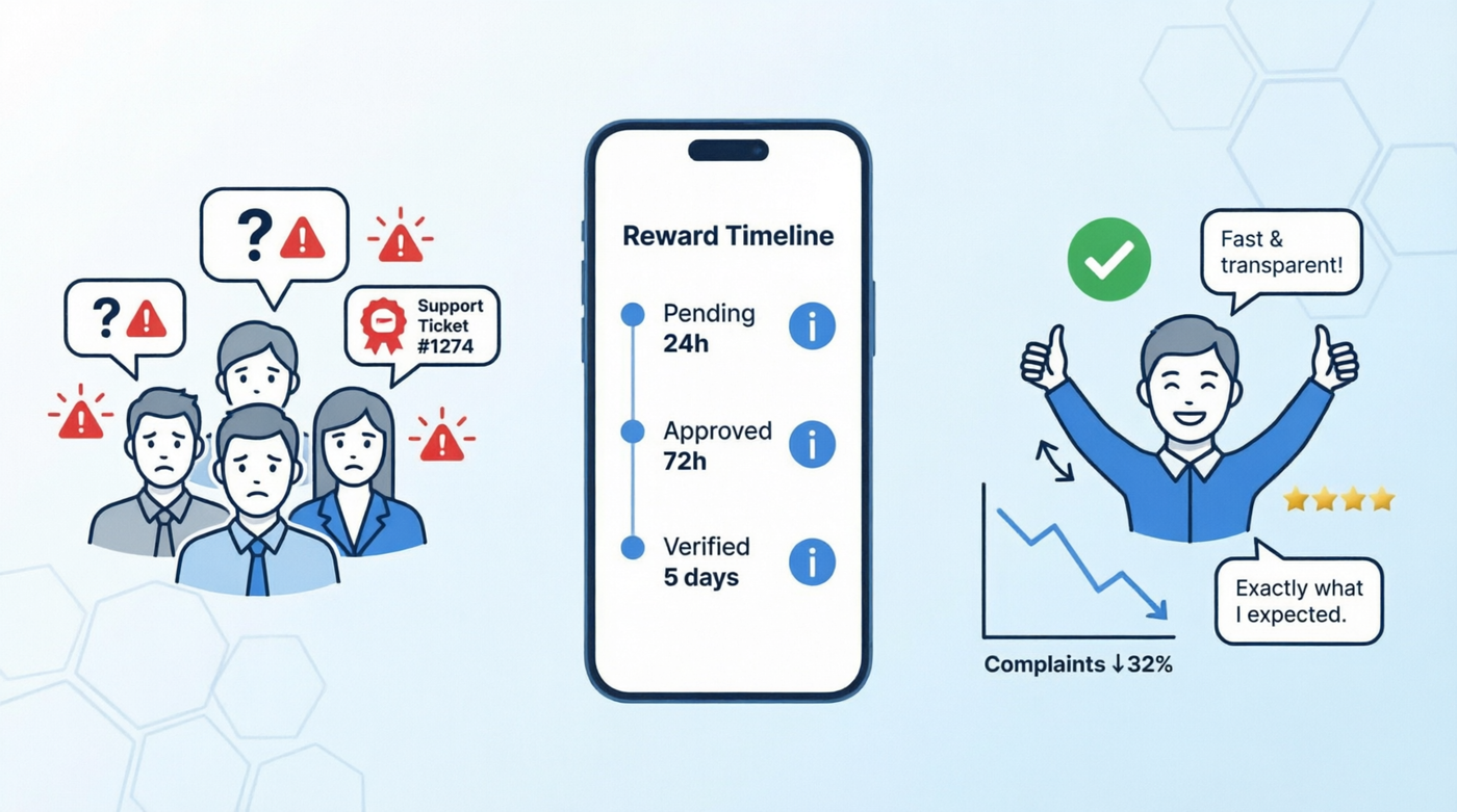 Transparent reward timeline reducing support tickets from confused users to satisfied customers with 32% fewer complaints