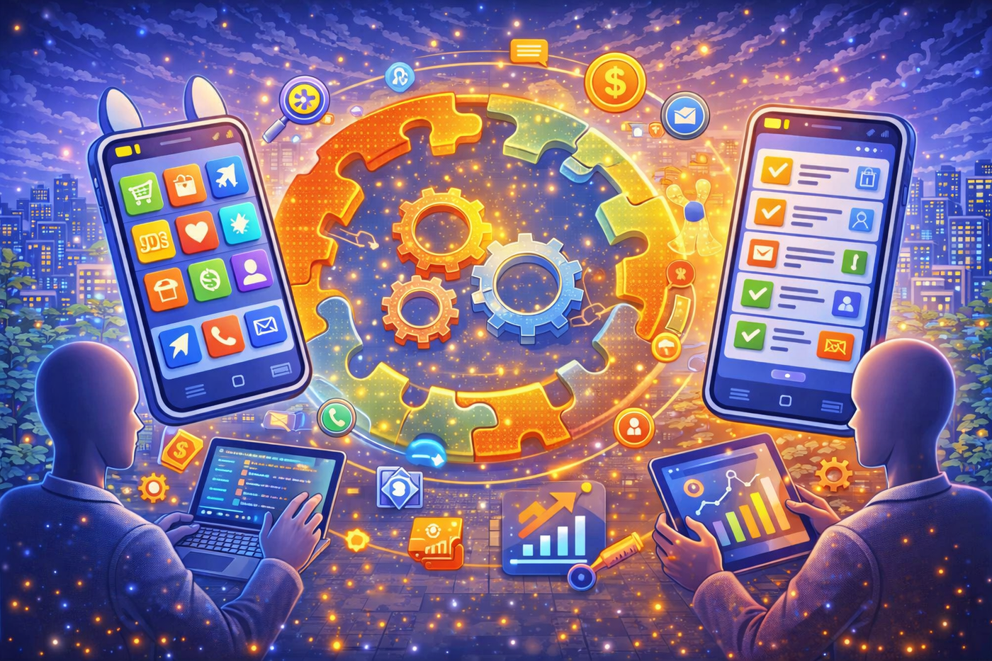 Integrated ecosystem with apps, offers, and analytics connected through gears and data flow