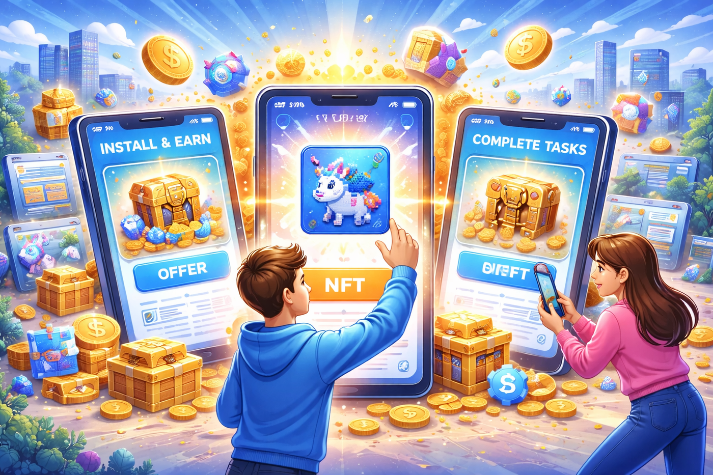 Kids interact with large smartphone screens showing options to earn rewards, collect a unicorn NFT, and complete tasks amid treasure chests.