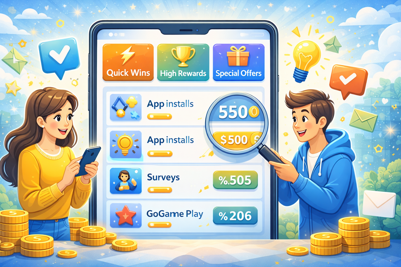 Smartphone and tablet displaying an optimized offerwall with happy users earning rewards.