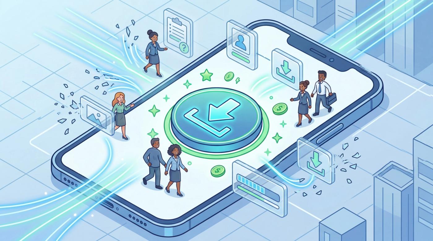 A close-up illustration of a user’s phone screen highlighting the initial high-friction step (Complex registration) in a tiered funnel, surrounded by small friction and reward icons.
