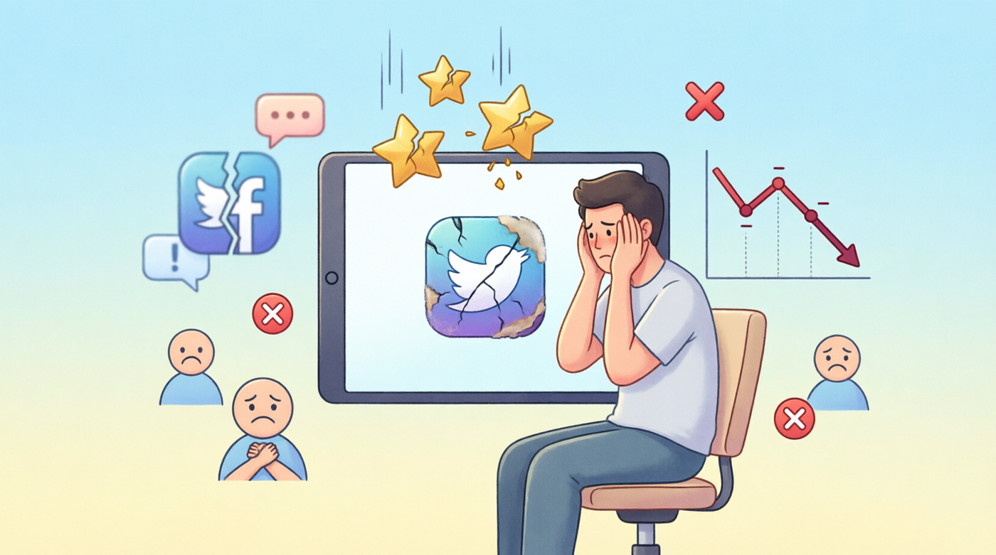 Stressed publisher watching broken app icon, falling stars and declining revenue graph