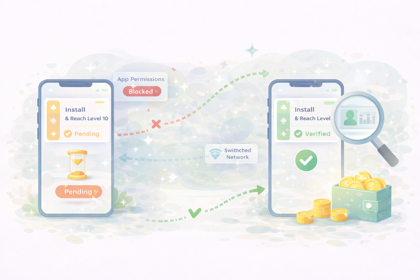 Offerwall verification comparison showing a blocked pending task versus a successfully verified task earning rewards.