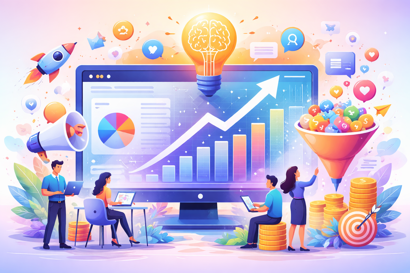 A vibrant, colorful illustration representing predictive analytics in marketing with growth charts, data, and dynamic symbols of engagement.