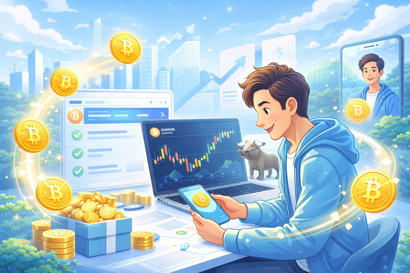 A young man analyzing Bitcoin charts on his laptop, with floating Bitcoin coins and a checklist of onboarding steps, immersed in cryptocurrency trading.