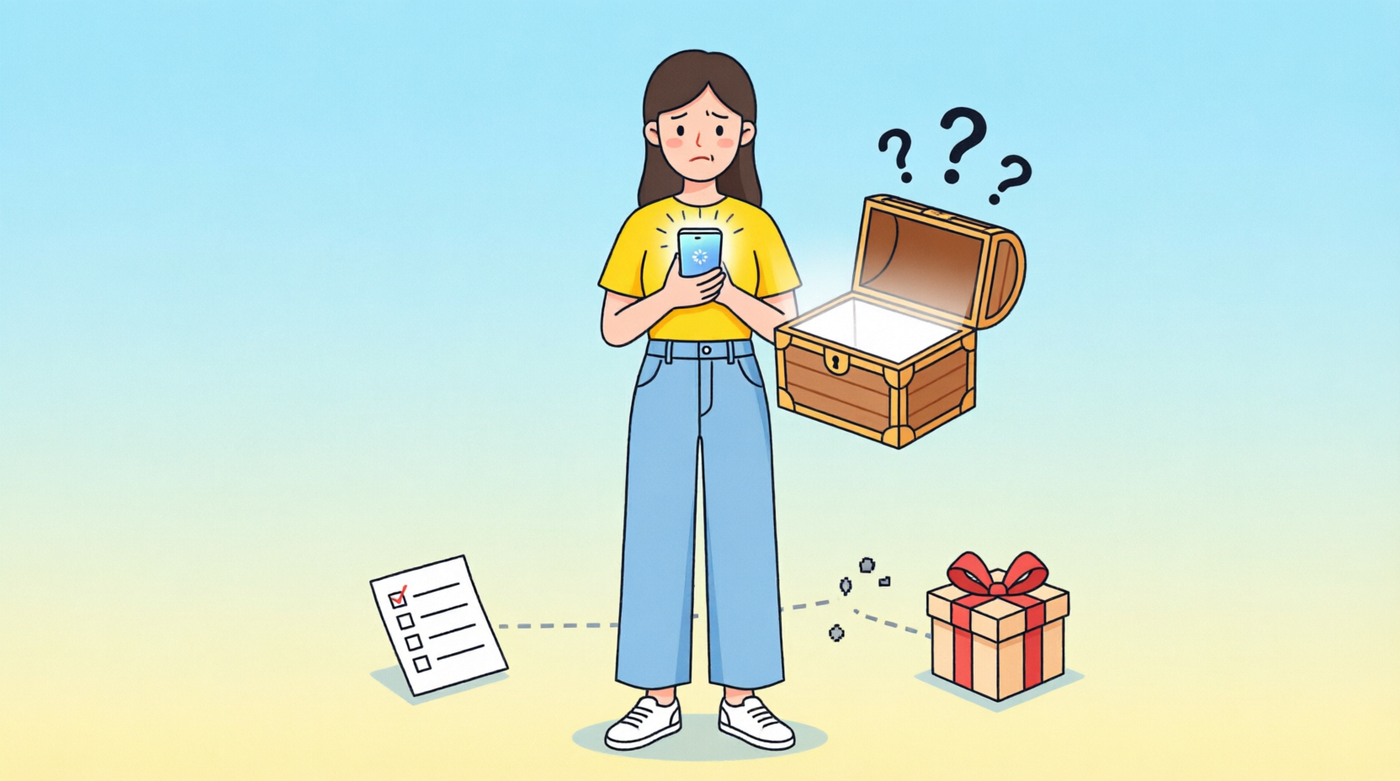Confused user looking at empty treasure chest with question marks after completing tasks