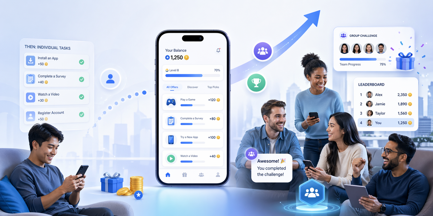 A large central smartphone with a reward app interface, surrounded by a group of diverse users interacting with their own phones and floating digital task modules, set against a city skyline.
