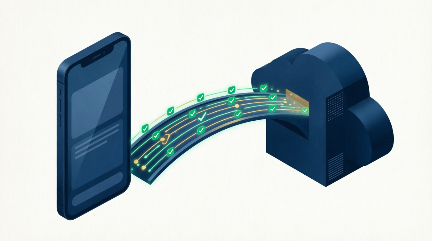 Smartphone sending verified postback data through glowing pathway to cloud server, representing server-to-server conversion tracking